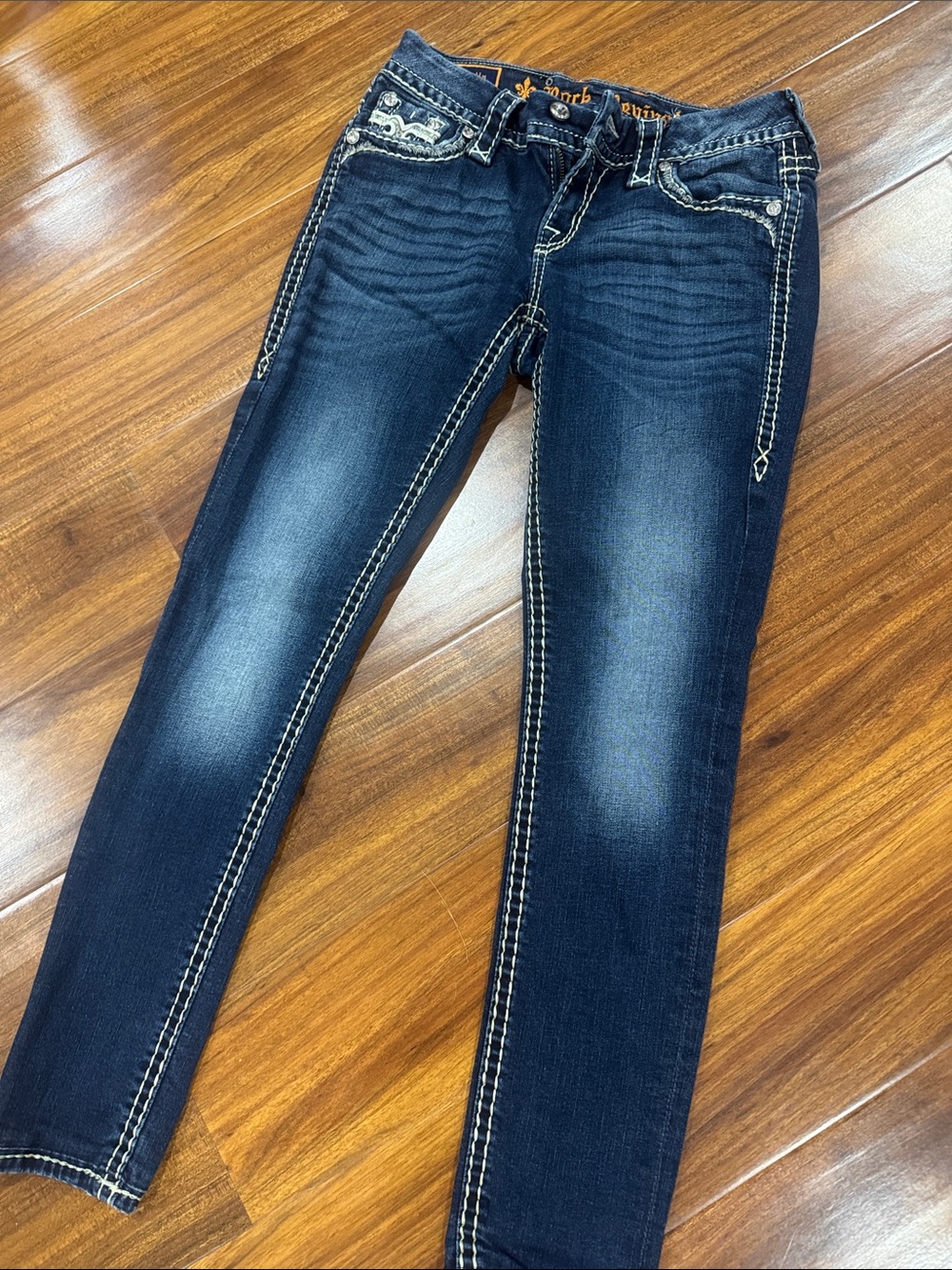 Rock Revival Dark Blue Skinny Jeans with White Contrast Stitching